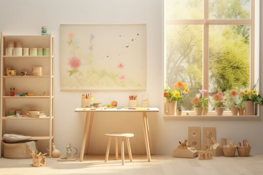 A sun drenched art space for children, adorned with fresh flowers by the window, and equipped with creative tools for endless imagination