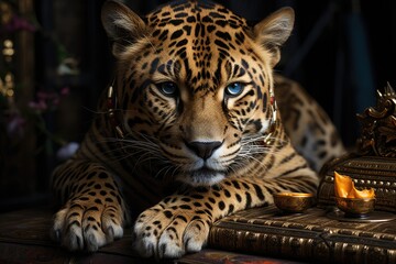 Obraz premium Jaguar emerges from a book of mythology., generative IA