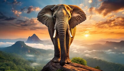 Fototapeta premium back view, lone elephant sitting on tree branch watching sunrise and sunset 