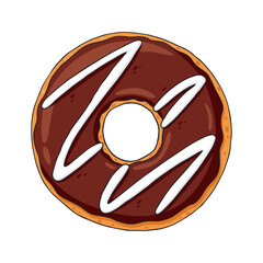 Cartoon colorful tasty donut isolated on white background. Glazed doughnut top view for cafe decoration or menu design. Vector illustration in hand drawn style.