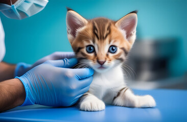 Tabby kitten at the veterinarian's appointment. Doctor's hands in blue rubber nitrile gloves.