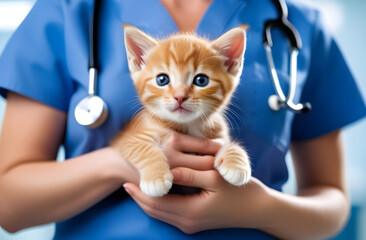 Close-up of a female veterinarian with a stethoscope holding a red kitten in his arms in a veterinary clinic.