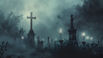 Frighteningly Authentic Haunting Atmosphere: Creeping Foggy Mist Shrouded in Ghostly Hues, Anchored with a Pumpkin Halloween Gothic Flair - obrazy, fototapety, plakaty