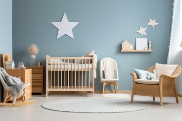 Stylish Scandinavian newborn baby room featuring a wooden crib, rocking chair, round rug, and decorative stars on a serene blue wall