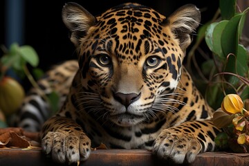 Jaguar in rehabilitation, surrounded by lush nature., generative IA