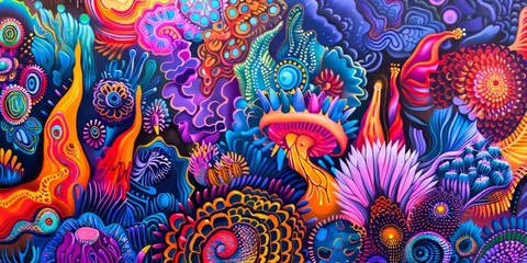 Explosion of vibrant colors in an abstract, psychedelic pattern with a textured mural feel