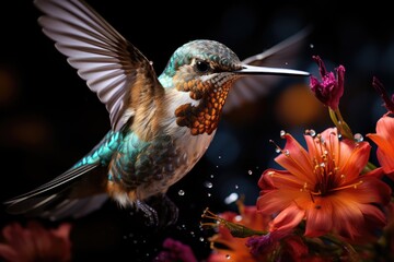 Vibrant hummingbird on the educational trail, pollinating flowers., generative IA - obrazy, fototapety, plakaty