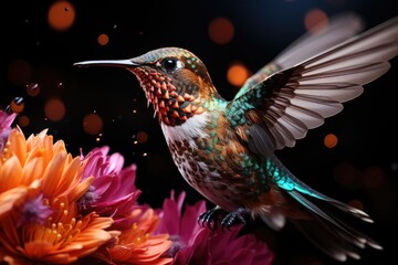 Hummingbird hovering in a tropical garden., generative IA - obrazy, fototapety, plakaty