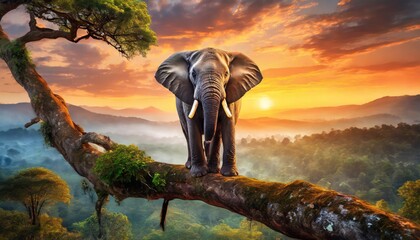 back view, lone elephant sitting on tree branch watching sunrise and sunset 