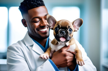 Close-up of a smiling black male veterinarian in a white coat holding a French bulldog puppy in his arms at a veterinary clinic. - obrazy, fototapety, plakaty