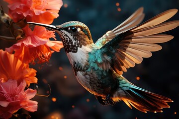 Fototapeta premium Hummingbird in the flight during bird observation., generative IA