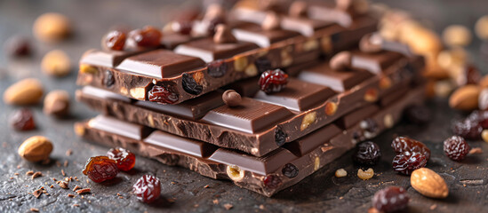 a stack of chocolate bars with raisins and nuts