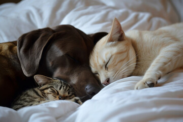 A dog and a cat peacefully slumbering side by side, exemplifying their harmonious companionship.
