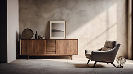 A modern living room featuring a textured wall finish, a sideboard, and a comfy armchair