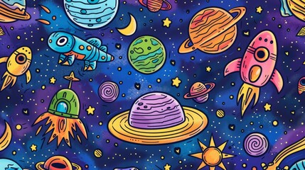 Colorful space cartoon illustration. Vibrant cosmic background
