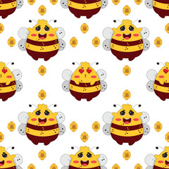 Vector seamless pattern with bees and stars. Striped honey bee and yellow stars on white background. Pattern with bumblebees.