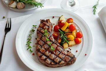 delicious juicy steak with vegetables on a white plate in a restaurant on a white table. top view