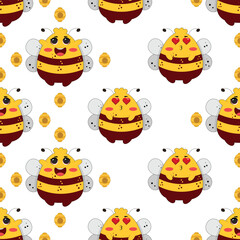 Vector seamless pattern with bees and stars. Striped honey bee and yellow stars on white background. Pattern with bumblebees.