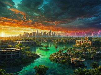 High resolution digital illustration of a futuristic post apocalyptic cityscape overgrown with vegetation and lush trees