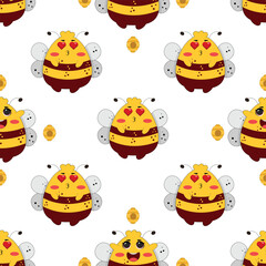 Vector seamless pattern with bees and stars. Striped honey bee and yellow stars on white background. Pattern with bumblebees.