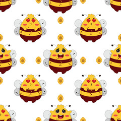 Vector seamless pattern with bees and stars. Striped honey bee and yellow stars on white background. Pattern with bumblebees.