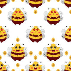 Vector seamless pattern with bees and stars. Striped honey bee and yellow stars on white background. Pattern with bumblebees.