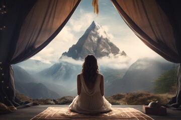 Dreamy Mountain View from a Glamping Tent. A woman in a flowing dress contemplates a majestic mountain view from the comfort of a luxurious tent.