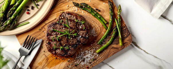 delicious juicy steak with asparagus on a wooden plate on a white table. top view