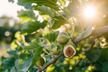 Ripe figs hang from the branches of a fig tree, bathed in warm sunlight. The luscious fruits are ready for harvest, their deep purple hues contrasting beautifully with the verdant green leaves