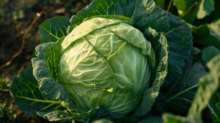 A cabbage plant flourishes in a garden, surrounded by rich soil and lush greenery. Its vibrant leaves hint at its freshness and health, while the garden setting reflects the natural beauty.