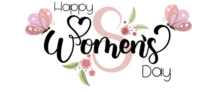 Happy Women's Day. WOMENS DAY hand lettering with flowers, butterfly and leaves. Illustration Women's Day