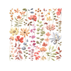 Floral colorful composition with abstract wildflowers and plants. Watercolor isolated print for invitation or greeting cards, posters or banners, summer background, square floral ornament.