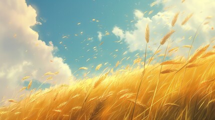 Fototapeta na wymiar A field of golden wheat swaying in the breeze.