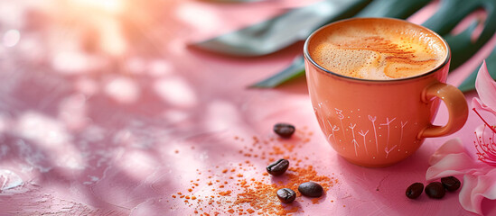 a cup of coffee with coffee beans and powder on a pink surface