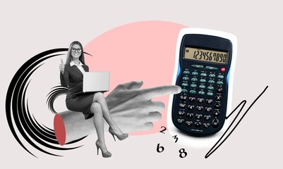 Creative collage of girl and big calculator