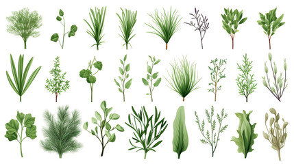 Fresh and Organic Herb Collection on transparent background - Culinary Illustration Featuring Thyme, Rosemary, Mint, Oregano, Basil, Sage, Parsley, Dill, Bay Leaves, Leek Spices.