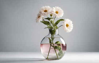 Flower in testtube on light blue background, A vase with two flowers in it and one has a stem.