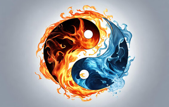 Ai generated illustration of an abstract yin yang symbol of ice and fire on a dark background, Yin and yang made of fire and water. symbol of harmony
