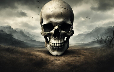 Human skull on soil, Skull and cemetery double exposure charcoal sketch - obrazy, fototapety, plakaty