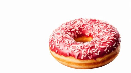A donut in red glaze on a white background sprinkled with coconut shavings.