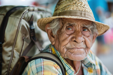 Elderly Man in Straw Hat Reflecting Wisdom