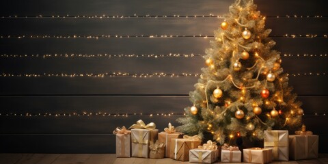 Christmas tree decorated with just lights in minimal style and many different presents on wooden...