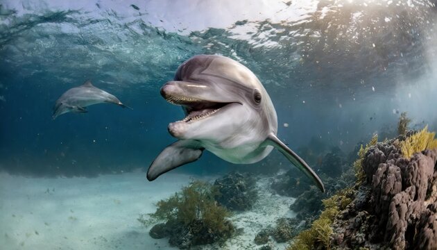 dolphin underwater on reef close coming to you with a smile; selective focus 