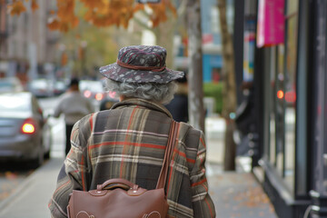 Elderly Person Walking Down City Street in Autumn