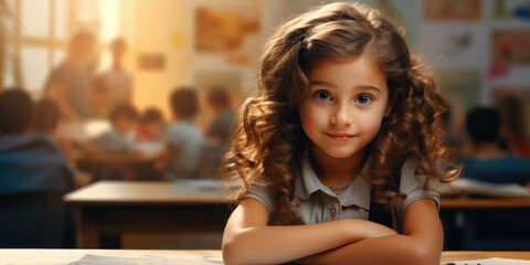 Cute little child doing assignment at desk in classroom