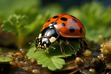 Fototapeta premium Ladybug in seal celebrates agricultural biodiversity., generative IA