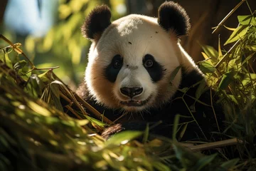 Schilderijen op glas Panda relaxes in bamboo forest tranquility and harmony., generative IA © JONATAS