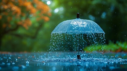 Transparent umbrella shielding a figure from the rain, set against a backdrop of water droplets splashing on the ground