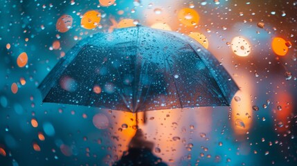 Transparent umbrella shielding a figure from the rain, set against a backdrop of water droplets splashing on the ground