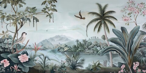 wallpaper jungle and leaves tropical forest, old drawing vintage